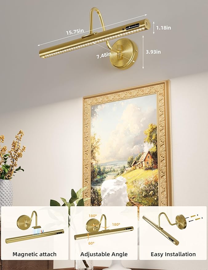 VOLISUN Picture Lights for Wall, 15.7'' Rechargeable Picture Light Battery Operated, 3 Color Temps Cordless Picture Light with Remote, Magnetic Art Light for Painting, Gallery, Portrait, 2 Pack(Brass)
