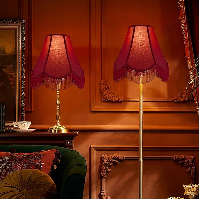 GO&SO Set of 2 Burgundy Silk Scalloped Lamp Shade, Petal Edge Braid with Burgundy Fringe Trim, 6"x13"x10.6"(Spider), Victorian Bell Lamp Shades, Replacement Shades for Table,Floor Lamps, Easy Assembly