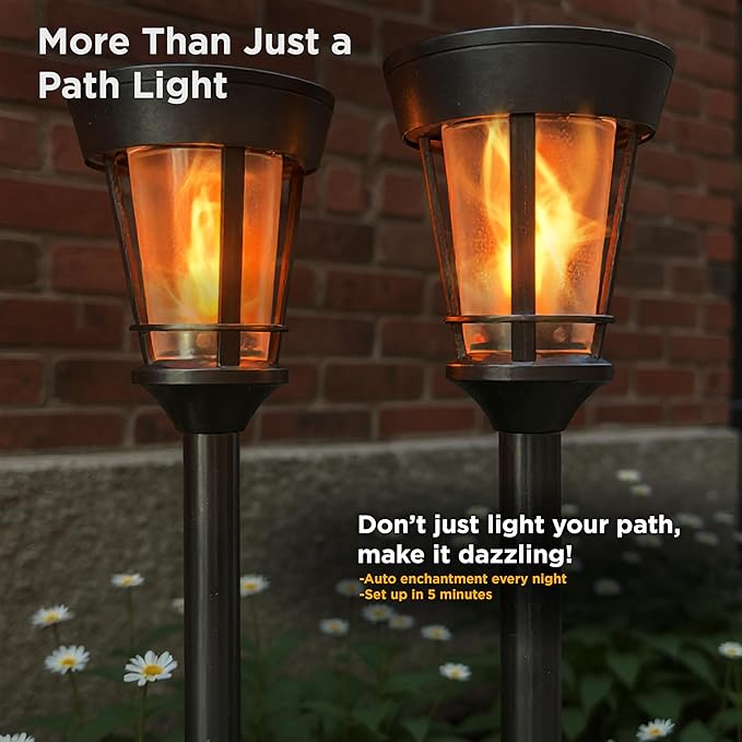 Classic Solar Path Torch - Elegant Flickering Flame Effect with Patented LED, IP65 Waterproof, Solar-Powered Lighting for Garden, Walkway, Yard, and Landscape Ambiance Easy Stake Installation (6 Pack)