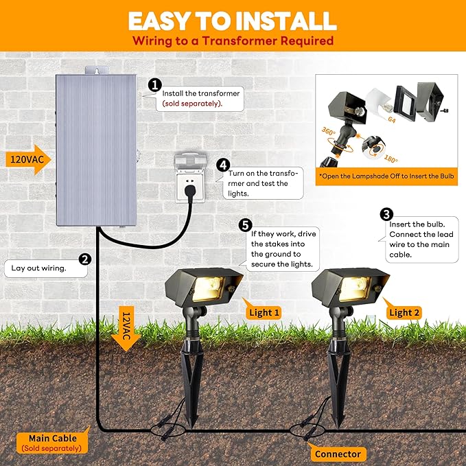 Gardenreet Outdoor Low Voltage Flood Light - Solid Brass 12V Wall Wash LED Light, Landscape Hardwired Waterproof, Bronze Lighting for Yard Wall House with 2700K Warm White 3W 270LM G4 Bulb 4 Pack