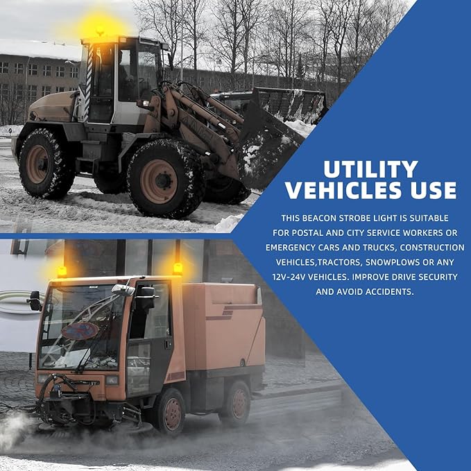 1-Pcs Amber/White LED Beacon Lights 12-24V Warning Safety Flashing Emergency Roadside Strobe Mini Light Bar with Magnetic Base for Snow Plow Truck Construction Vehicles Forklift Tractor