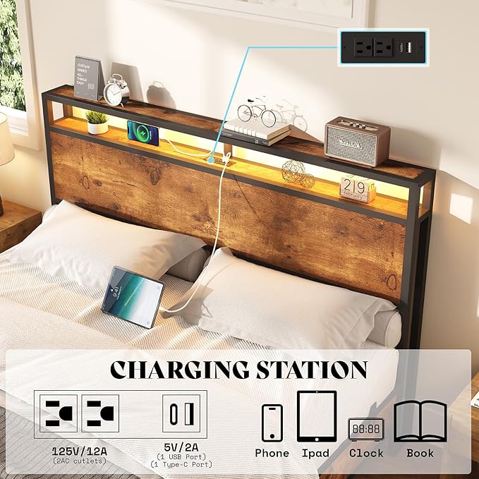 AMERLIFE Queen Size Floating Bed Frame with 2-Tier Storage Headboard, Metal Bed Frame with Charging Station & LED Lights, No Box Spring Needed, Rustic Brown