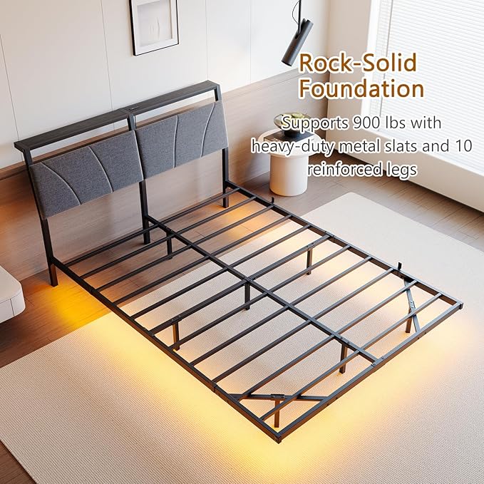 HOJINLINERO Floating Queen Bed Frame with Headboard&Storage Shelf,Ergonomic Queen Size Bed Frame with USB Charging& LED Lights,Platform Bed Frame Noise-Free Metal Slats | Modern Bedroom Design