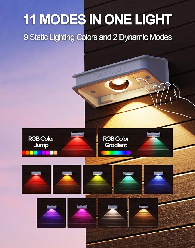 Solar Fence Lights 10 Pack, Fence Light Solar Powered Waterproof IP65 Multicolor Led 9 Fixed Colors ＆RGB Color Changing, Solar Lights Outdoor for Deck, Patio, Porch, Stairs, Holiday (White)