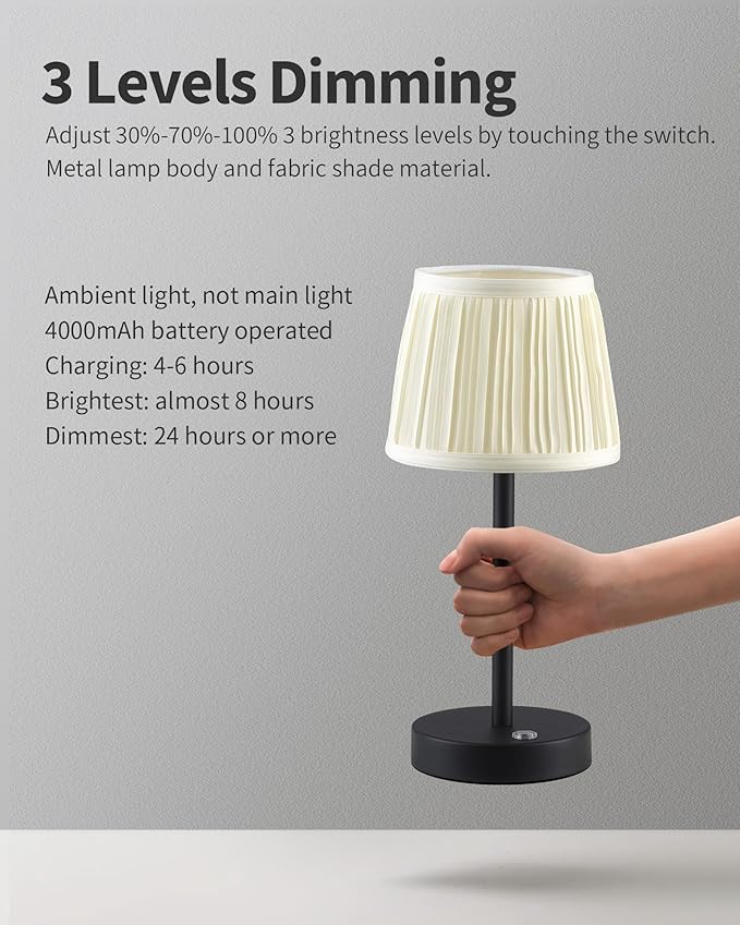 PUSU Cordless LED Black Table Lamp, Rechargeable 4000mAh 3 Way Dimmable Bedside Small Lamp with Fabric Shade, Lighting for Bedroom, Kids Room, Bathroom, Kitchen, Home Decor, Gift, Night Light