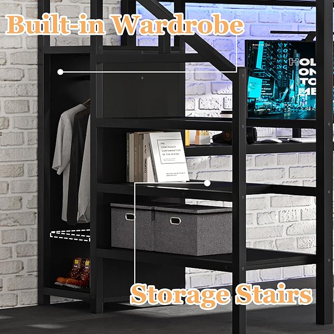 Bellemave Full Size Metal Loft Bed with L Shaped Desk and Wardrobe, Heavy Duty Loft Bed Frame with Storage Stairs, LED Loft Bed Frame with Charging Station & Safety Guard, Space Saving Loft Bed, Black