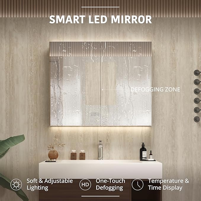 36" Modern Floating Bathroom Vanity Set with Sink, LED Smart Mirror Cabinet, Soft-Close Drawer and Open Storage Shelves, Walnut