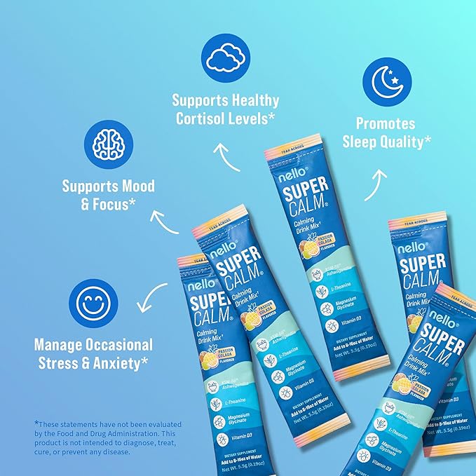 Nello Supercalm Powdered Drink Mix, Cortisol Reducer* and Sleep Aid Supplement, L Theanine, Ksm-66 Ashwagandha, Magnesium Glycinate, Vitamin D 3, No Sugar, Non GMO, On The Go, 20 Ct, Passion Colada