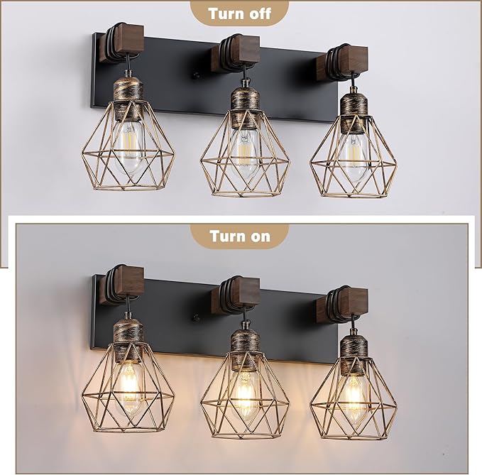 Farmhouse Bathroom Vanity Light Fixtures, 3-Light Wood Bathroom Light Fixtures Over Mirror, Rustic Sconces Wall Lighting with Elegant Metal Lampshade for Living Room, Bedroom, Hallway