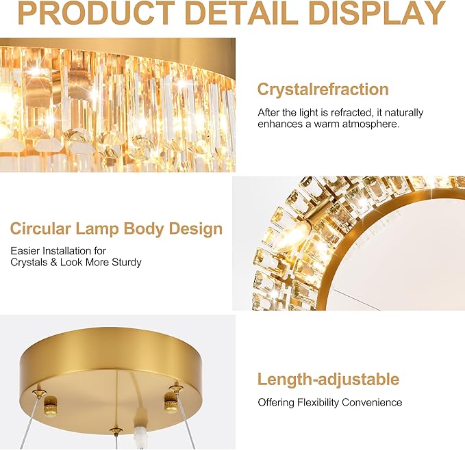 MADEM Modern LED Circular Crystal Chandeliers,Gold Chandelier Light Fixture, Contemporary Pendant Ceiling Light for Dining Room Living Room Kitchen Island,E12 x 12.
