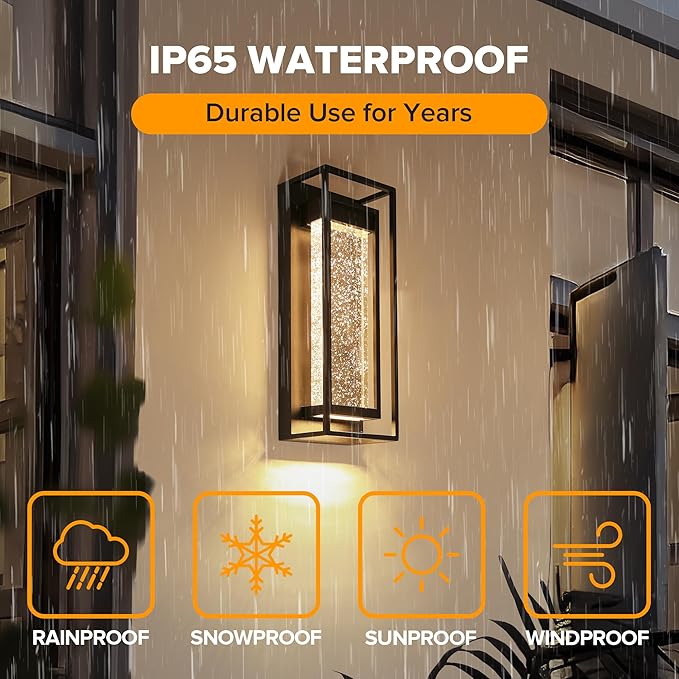 LUTEC 2 Pack Outdoor Wall Light Fixtures, 5 Color Temperature Porch Light Wall Sconce with Crystal Bubble Glass,Waterproof Outdoor Wall Lanterns, Modern Outside Lights for House Front Door Garage