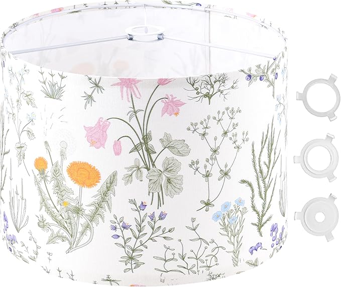 GO&SO Flowers and Leaves Pattern Design Drum Large Lamp Shade 1 Pack, 16" x 16" x 12", Spider E27 Base(1.65"),DIY Assembly with 3 Adapter (E26/E14/10mm),for Pendant Lighting/Table Lamps/Floor Lamps
