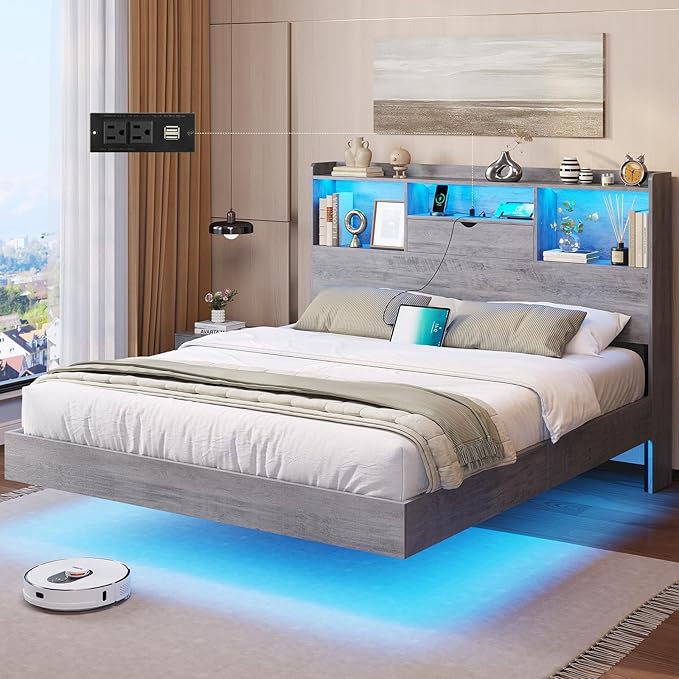 DICTAC Queen Floating Bed Frame with LED Lights and Headboard Storage, Visual Floating Bed with Charing Station, Queen Size Metal Platform Bed with Stable Structure, No Box Spring Need, Easy Assembly