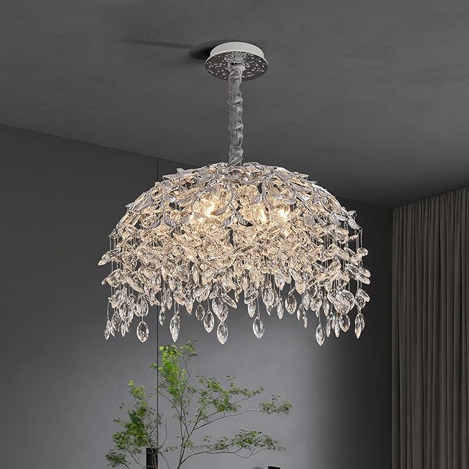 Modern Crystal Chandelier for Dining Room, 8-Light 23.62" Chrome Tree Branch Chandeliers, Luxury K9 Crystal Rectangular Chandeliers for Kitchen Island Living Room