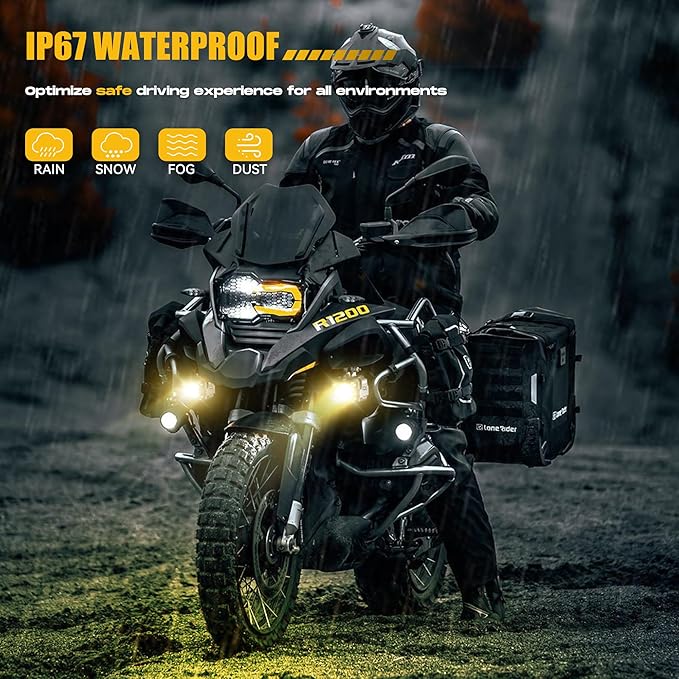 Future Eyes LED Motorcycle Fog Lights, 60W Auxiliary Driving Lights, High/Low Beam, Amber/White Daytime Running Light, Waterproof Off-Road Light for Motorcycles, ATVs, UTVs & Dirtbike