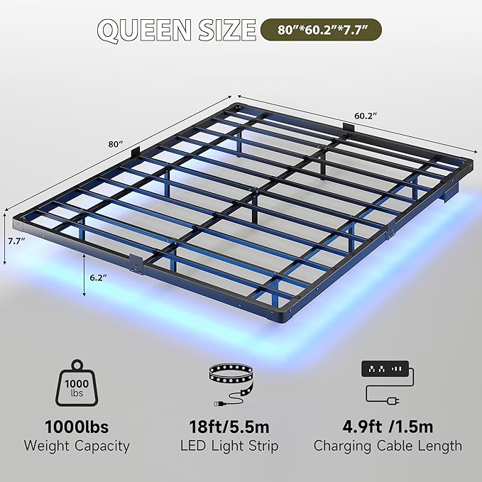Bed Frame Queen Size, Floating Queen Bed Frame with LED Lights & Charging Station, Modern Metal Platform Bed Frame with Mattress Slide Stopper, Noise-Free, No Box Spring Needed, Easy Assembly