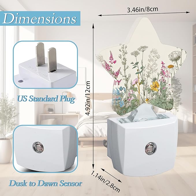 Herbs and Wild Flowers Night Light,Plug-in Wall Led Night Lights Decor for Boys Girls Room,Dusk to Dawn Sensor Wall Lamp for Bedroom/Bathroom/Hallway,0.5w
