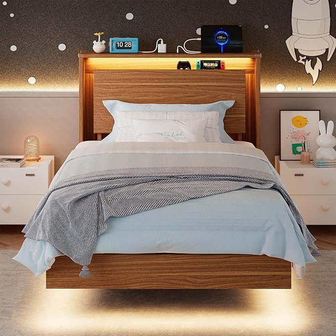 Twin Bed Frame with Storage Headboard & LED Lights – Wood Floating Bed Frame with Charging Station, Non-Slip Slat, Kick-Free & Noise-Free Design, Easy Assembly, Walnut