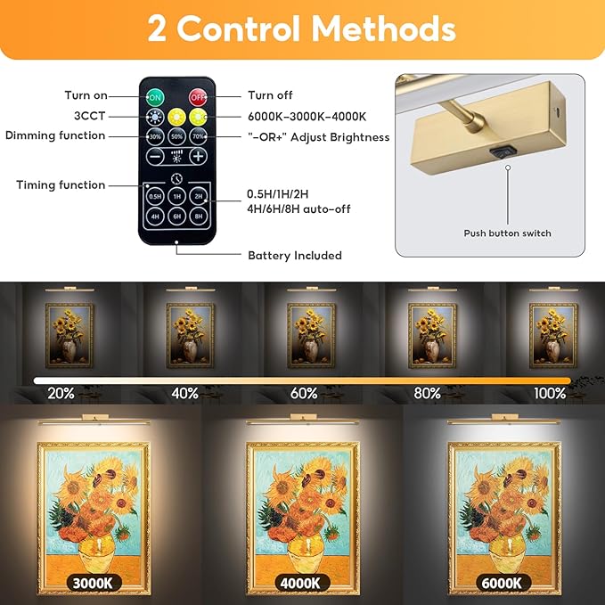 Picture Light for Wall Battery Operated, 12" Rechargeable Art Light with Remote and Timer for Painting, 3 Color Temps, Wireless Wall Light for Display, Artwork, Portrait, Gallery, Bronze