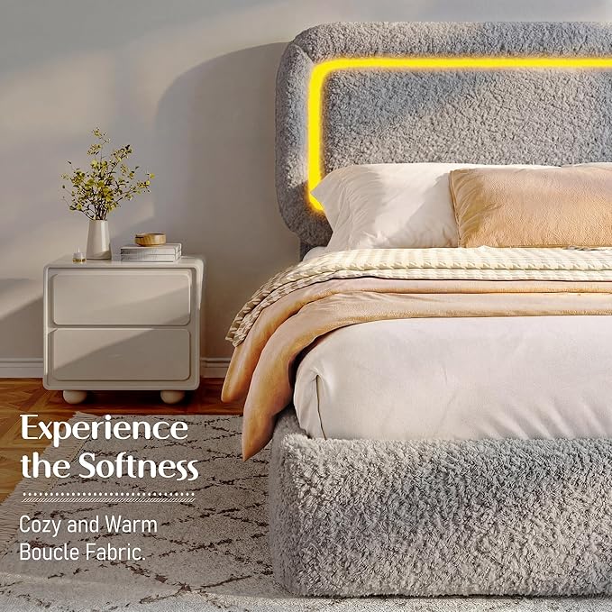 Queen Bed Frame with Headboard, Boucle Upholstered Platform Bed Frame with LED Light, Soft Rounded Corners, No Box Spring Required, Easy Assembly, Grey