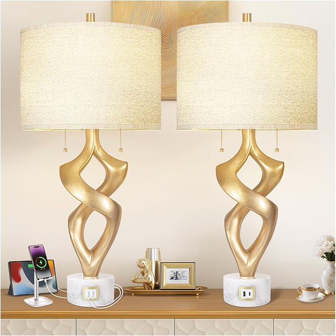 Scenekoy Sculptural Resin Table Lamp Set of 2 with USB Ports for Bedroom Living Room, 31” Big Gold Leaf Marble Base Bedside Lamps, Pull Chains Switch Modern Nightstand Lamp for Home Room Decor
