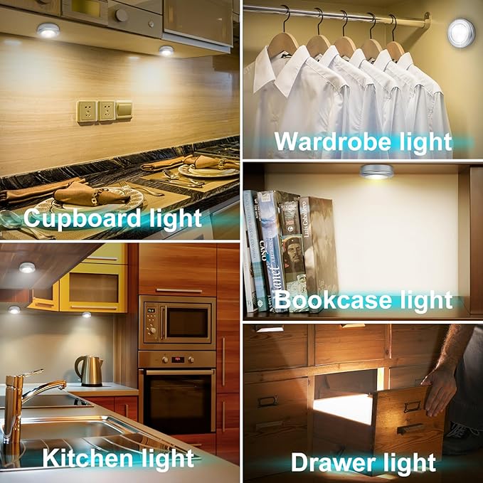 LUXSWAY LED Puck Lights, Battery Operated Mini Push Light, LED Under Cabinet Lighting, Stick on Light, Kitchen Closet Counter Night Lights (Included 9 AAA Batteries, 3-Pack,Silver)