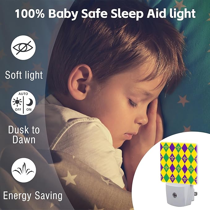 Mardi Gras Carnival Night Light, Colorful Fleur-de-lis Dusk to Dawn Night Light Plug in, 0.5w Energy Saving Sleep Friendly NightLight for Kids Boys Girls Home Decor