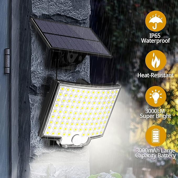 Solar Lights Outdoor, 106 LED 3000LM Solar Powered Motion Sensor Flood Lights with Remote, Dusk to Dawn Led Solar Security Wall Lights with 16.5Ft Cable IP65 Waterproof for Outside, Garage, 2 Pack