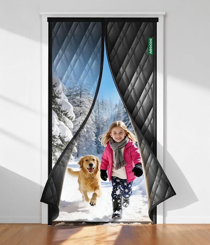 Insulated Door Curtains for Doorways/Front/Back/Basement, Fit Size up to 32 x 80 Inches, Magnetic Thermal Door Cover for Winter, Oxford Filled with Thick Cotton to Keep Warm, Black, Diamond