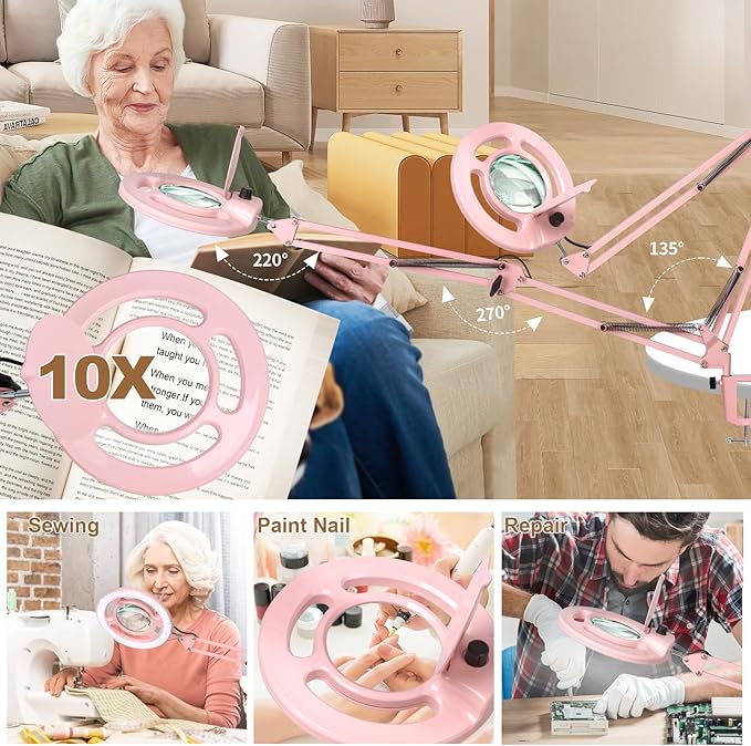 HITTI 2200 Lumens 10X Magnifying Glass with Light and Stand, 24W Super Bright Esthetician Light Magnifier, Stepless Dimmable Hands Free Magnfiying Lamp for Workbench Craft Painting Nail Hobby