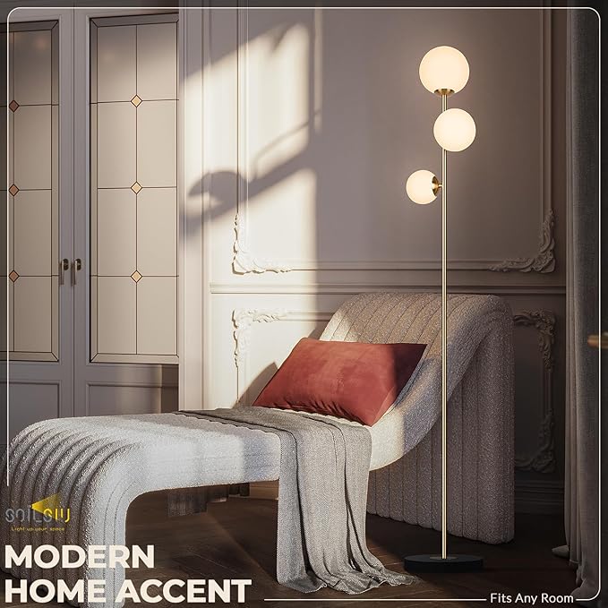 3 Globe Floor Lamps for Living Room, Mid Century Modern Standing Lamp with 3 Color Temperatures, Vintage Retro Tall Light with Frosted Glass Shades and LED Bulbs for Bedroom Office Corner (Gold)
