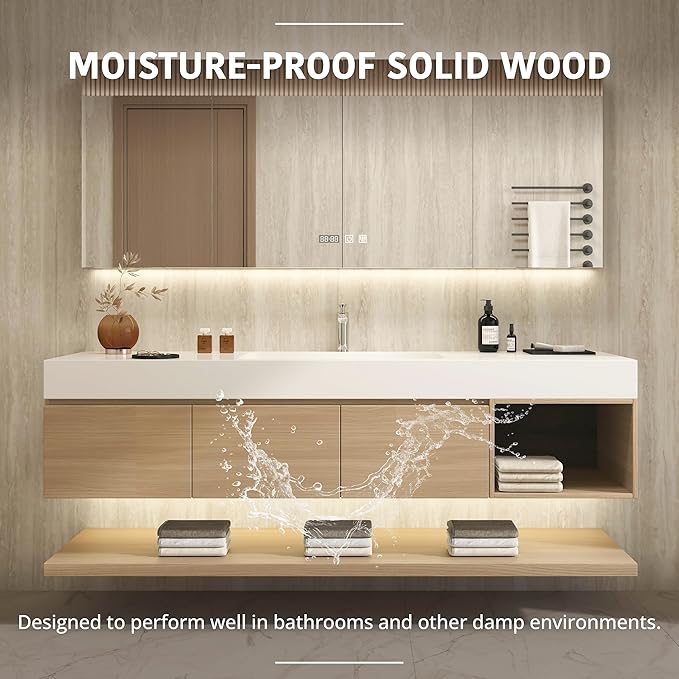 72" Modern Floating Bathroom Vanity Set with Sink, LED Smart Mirror Cabinet, 3 Soft-Close Drawers and Open Storage Shelves, Light Oak