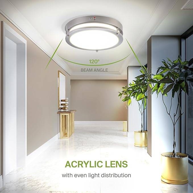 ASD LED 16" Round Flush Mount Lighting, Close to Ceiling Light Fixture | 3CCT, Dimmable, Battery Backup, ETL Listed | 24W 2150LM 3000-5000K 100-277V | Low Profile Double Ring Lamp | Nickel