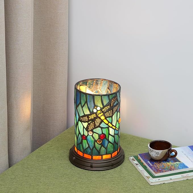Tiffany lamp Stained Glass Table lamp Teal Dragonfly Style Bedroom Bedside Flower Vase Decor Green Small Night Light Mini Cute Kids Accent Unique LED Cottage Aesthetic Nightstand Cylinder Desk lamp