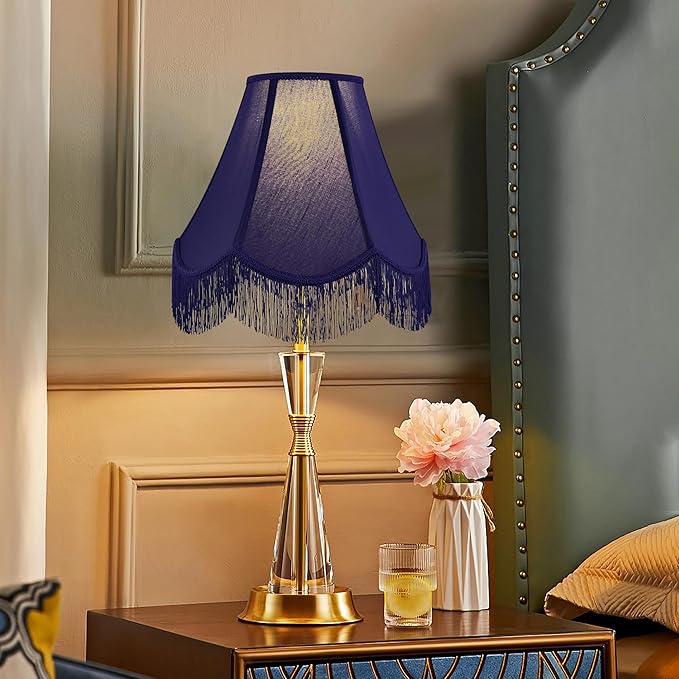 GO&SO Blue Silk Bell Lamp Shades Set of 2 Petal Edge Braid with Blue Fringe Trim, 6"x13"x10.6"(Spider), Scalloped Lamp Shade Hand Crafted, Replacement Lamp Shades for Table, Floor Lamps,Easy Assembly