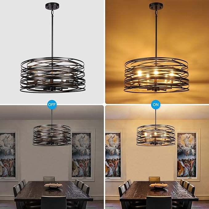 19.7'' Farmhouse Dining Room Light Fixture, 5-Light Metal Drum Chandelier, Black with Retro Wood Texture Interior