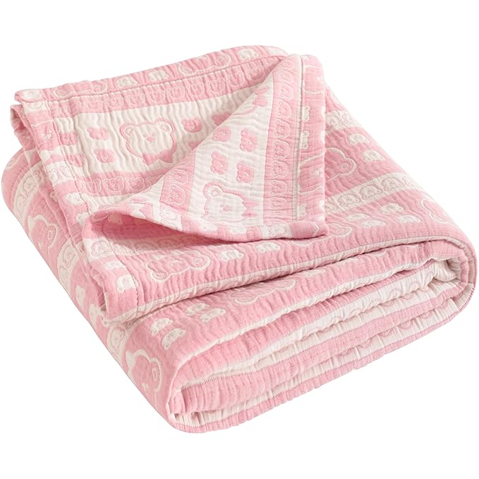 NTBAY 3 Layer Muslin Cotton Toddler Blanket, Jacquard Reversible Nursery Bed Blanket, Super Soft and Thermal for All Seasons, Decoration Gift, 30"x40", Pink Bear