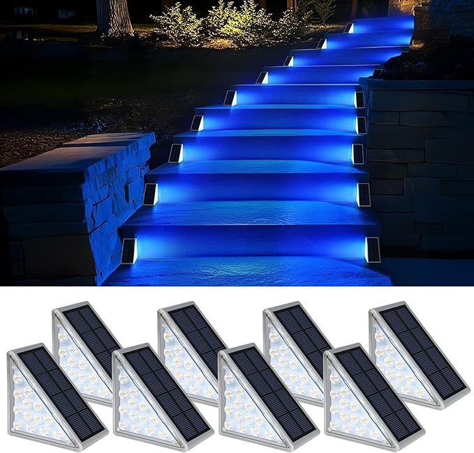 8 Pack Solar Stair Lights, Outdoor Step Lights with Waterproof IP67, Blue Color LED Solar Light for Outside Light Decor for Stair, Deck, Front Step, Front Porch, Patio and Backyard