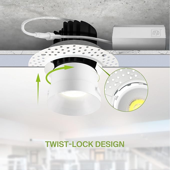 ASD Trimless 3 Inch LED Recessed Light, 15W 120V Triac Round Commercial Downlight, Canless Dimmable Lights for Ceiling with J-Box, 5 CCT 2700K-5000K, CRI 90+, IC Rated, ETL, White