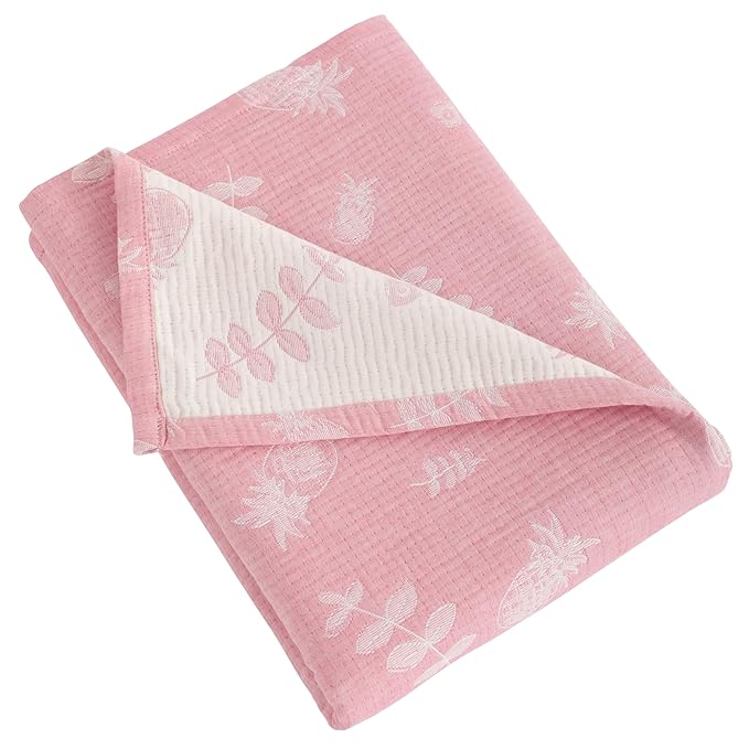 NTBAY 3 Layer Oversized Muslin Cotton Toddler Blanket, 45x60 Inches Jacquard Reversible Nursery Bed Blanket, Super Soft and Thermal Crib Blanket for All Seasons, Baby Gift, 45"x60", Pink Pineapple