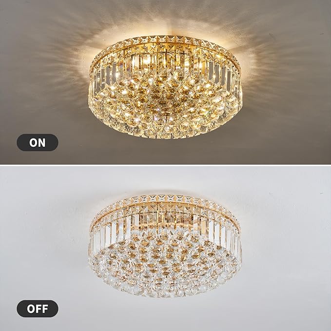 6-Lights Gold Crystal Flush Mount Chandelier Light Fixture K9 Crystals Modern Ceiling Lights Elegant Pendant Lamp for Bedroom,Hallway,Bar,Living Room,Dining Room,H5.9 xW20 (Bulbs Not Included)
