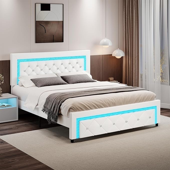 Queen Bed Frame with LED Lights, Upholstered Platform Bed with Diamond Tufted Headboard, No Box Spring Needed, Noise Free, Easy Assembly, White