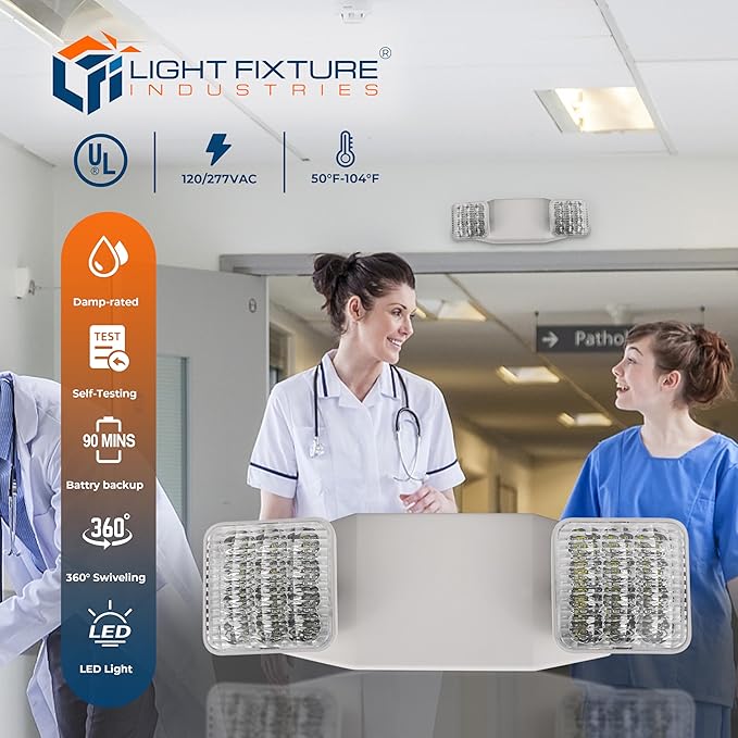 LFI Lights® Emergency Lights for Business, LED Emergency Light with Battery Backup, UL 924 Listed, Adjustable Square LED Heads, White, Commercial Indoor Lighting, EL2WBB 2 Pack