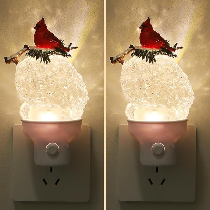 2 Pack Christmas Night Light Plug into Wall Glitter Water Nightlight with USB/Outlet Options, Christmas Cardinal and Pinecone Decorative Nightlight for Holiday Decorations (Cardinal and Pinecone)