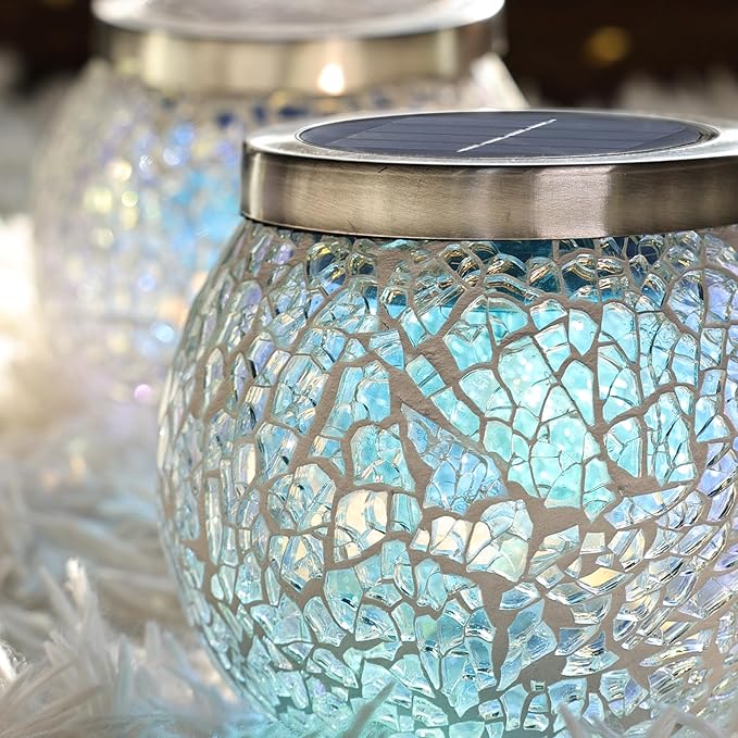 Cooo 4 Pack Heavy Solar Mosaic Crackle Glass Lights with Dual Solar Panels, Color-Changing RGB Lantern, Exclusive Dazzling Glass, Waterproof Outdoor Table Lamps Garden Lamp Christmas Decorations