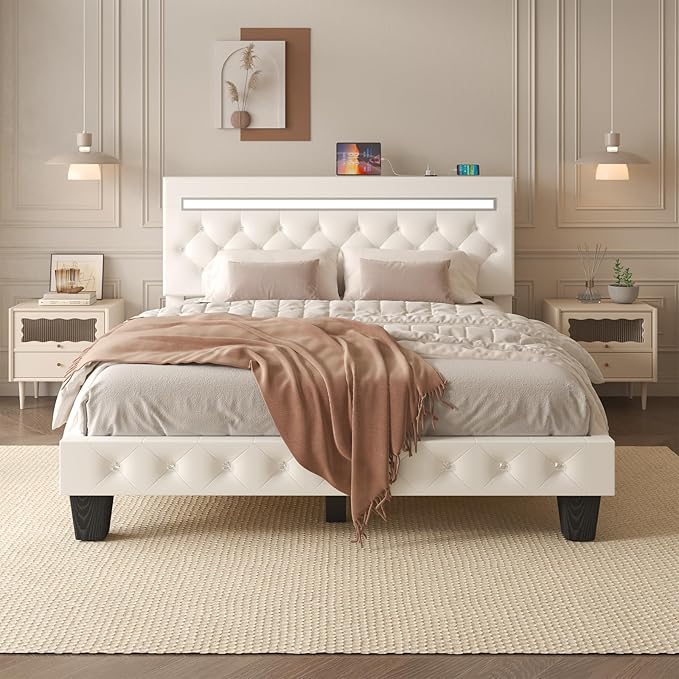 Full Size Bed Frame with LED Lights, Upholstered Platform Bed Frame, Adjustable Headboard with Charging Station, Wooden Slats Support, Easy Assembly, No Box Spring Needed, White