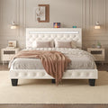 Full Size Bed Frame with LED Lights, Upholstered Platform Bed Frame, Adjustable Headboard with Charging Station, Wooden Slats Support, Easy Assembly, No Box Spring Needed, White