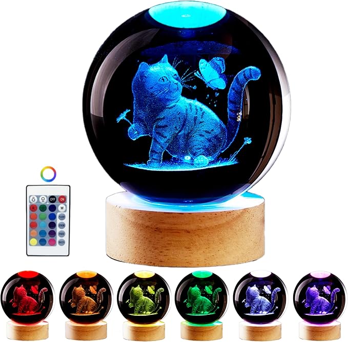 Large Cat Crystal Ball Night Light with Woodern Base, 3D Cat Crystal Lamp 16 Color Changing with Remote Control, Laser Engraved Glass Ball Lamp, Room Decor (cat)