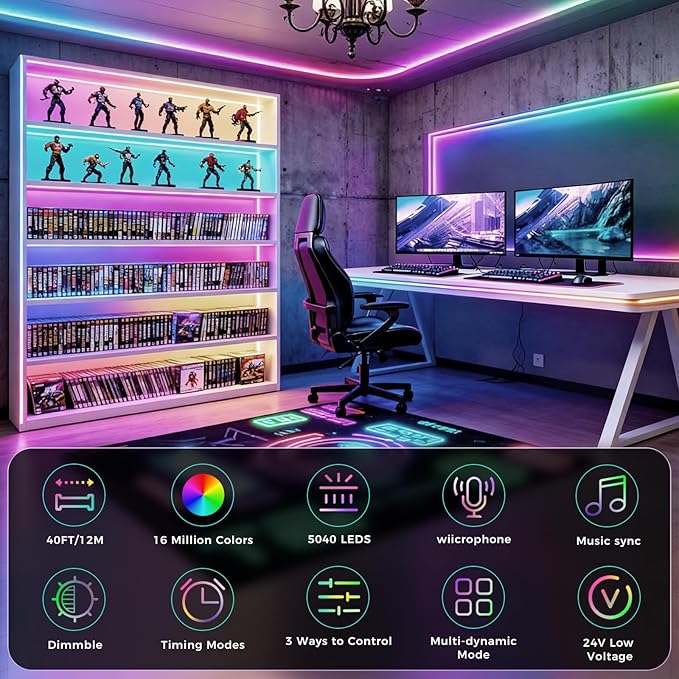 RGB Smart IC COB LED Strip Lights, 40FT Smart LED Light Strip with App & Remote Control, 16M Colors Music Sync, Dimmable for Bedroom, Kitchen, TV Backlight, Gaming Room Decor （1 Roll）