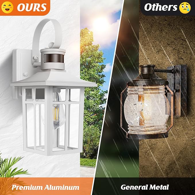 White Porch Light Fixture, 2-Pack Motion Sensor Outdoor Sconce Lights, Aluminum Outdoor Lanterns for Patio Waterproof, ETL Listed Dusk till Dawn Outside Light Fixture for House, Porch, Front Door